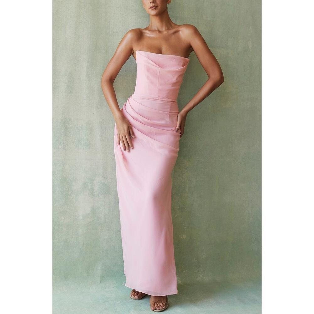 House of CB Adrienne Rose Pink Strapless Draped Ruched Maxi Dress Size XS